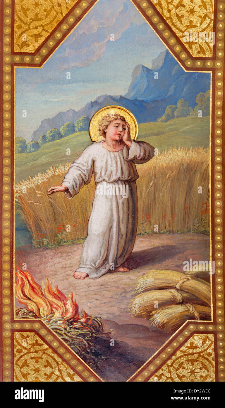 Wien - Fresko des kleinen Jesus und Gleichnis das Unkraut in der Maserung von Josef Kastner 1906-1911 in Karmeliten-Kirche Stockfoto