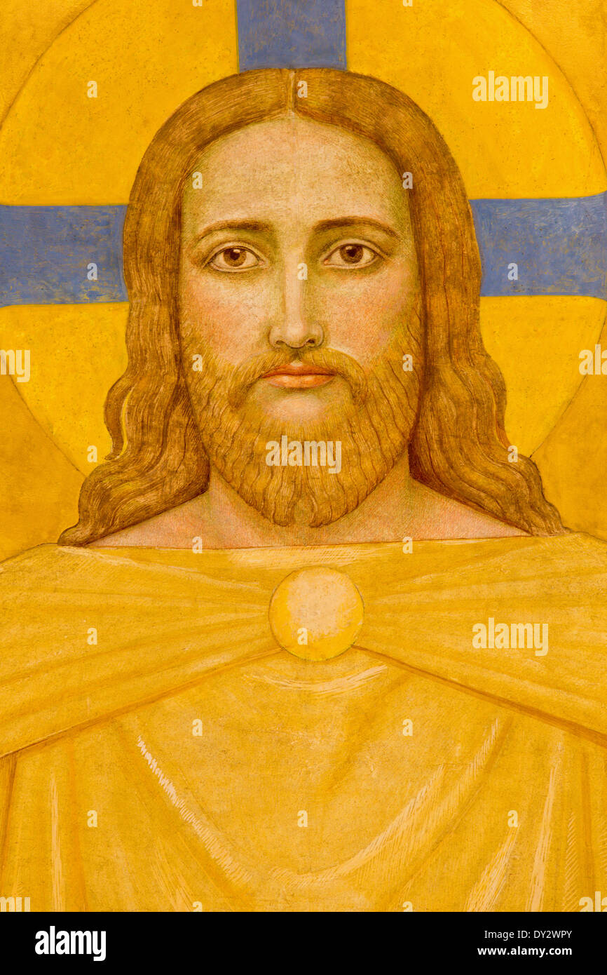 Wien - Jesus Christus-Fresko von P. Verkade (1927) als Detail aus Seitenaltar in der Kirche der Karmeliter in Dobling. Stockfoto