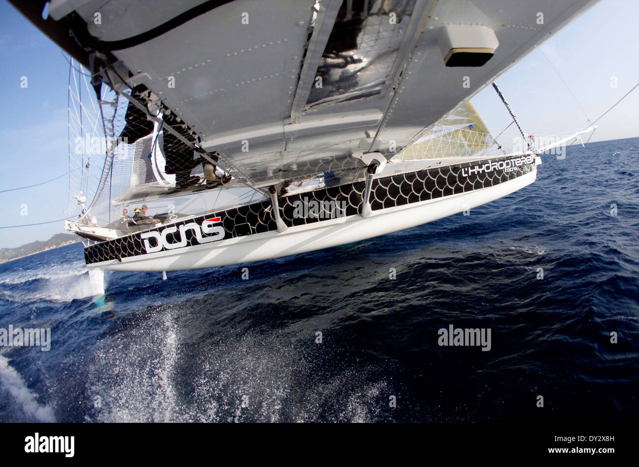 An Bord Hydroptere DCNS Alain Thebault und seine Crew (Yves Parlier, Jean le Cam, Jacques Vincent, Luc Alphand) während die Tannen Stockfoto