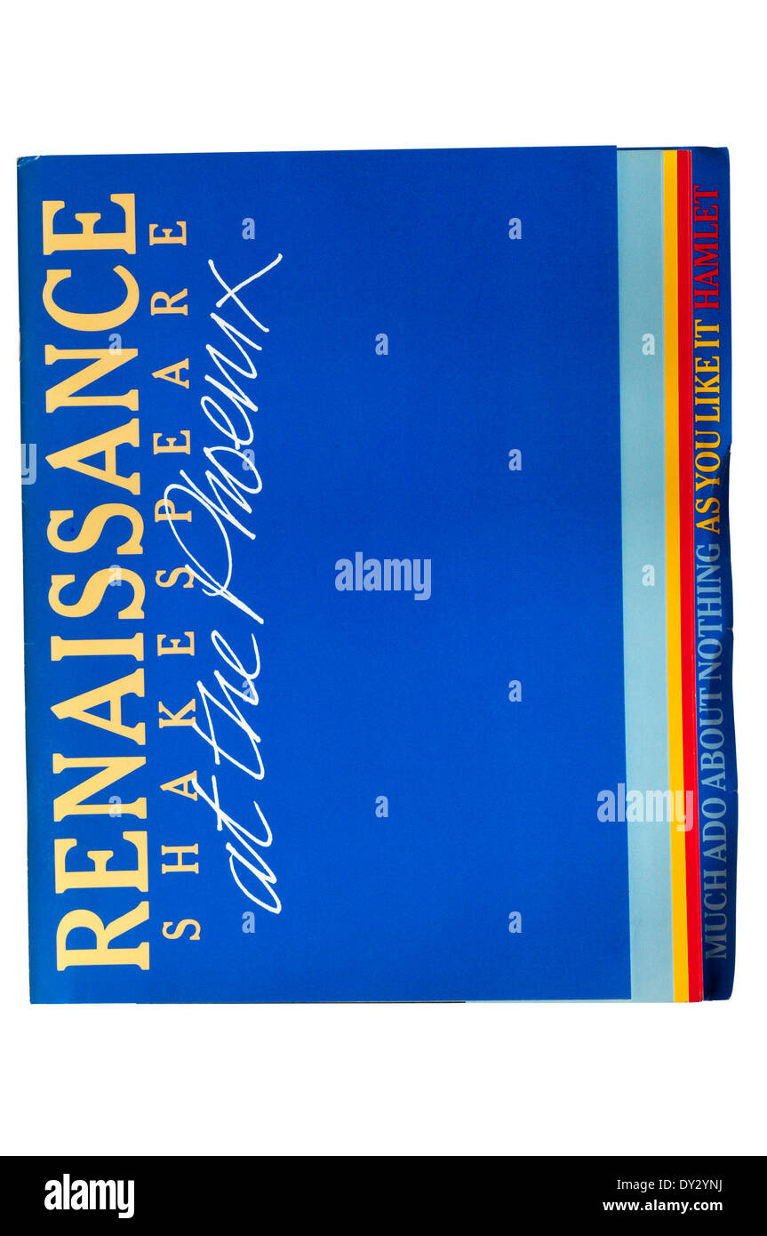 Programm für das Jahr 1988 Renaissance Theater Produktionen von Much Ado About Nothing, As You Like It und Weiler im Phoenix Theatre Stockfoto