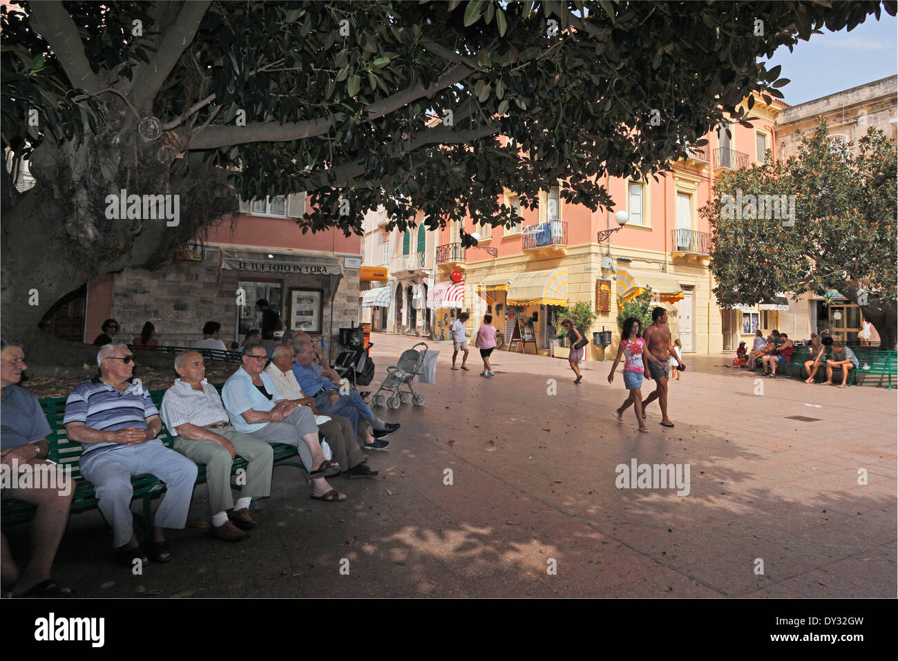 Carloforte Dorf - Republik Platz - einer der vier Ficus-Baum und alten Menschen-Sardinien Italien Stockfoto