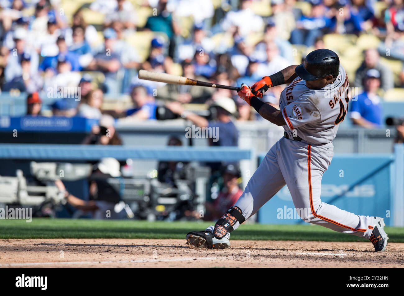 Los Angeles, CA, USA. 4. April 2014. 4. April 2014 - Los Angeles, CA, Vereinigte Staaten von Amerika - San Francisco Giants dritte Baseman Pablo Sandoval (48) in Aktion während der MLB-Spiel zwischen den San Francisco Giants und Los Angeles Dodgers im Dodgers Stadium in Los Angeles, CA. San Francisco Giants besiegte LA Dodgers 8-4. Bildnachweis: Csm/Alamy Live-Nachrichten Stockfoto