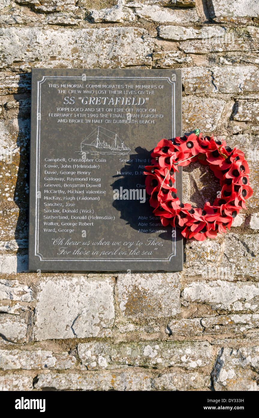 Denkmal für die SS 'Gretafield' an der Dunbeath Hafen, Caithness, Schottland, Großbritannien. Ab Wick torpediert 1940. Stockfoto