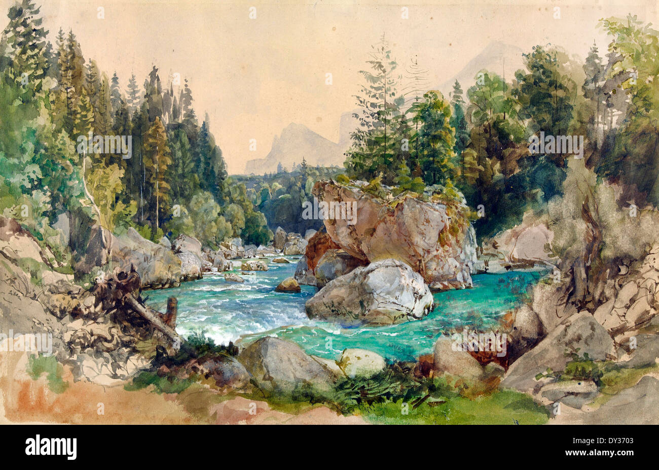 Thomas Ender, bewaldeten Flusslandschaft in den Alpen 1850-1870 Aquarell. J. Paul Getty Museum. Stockfoto
