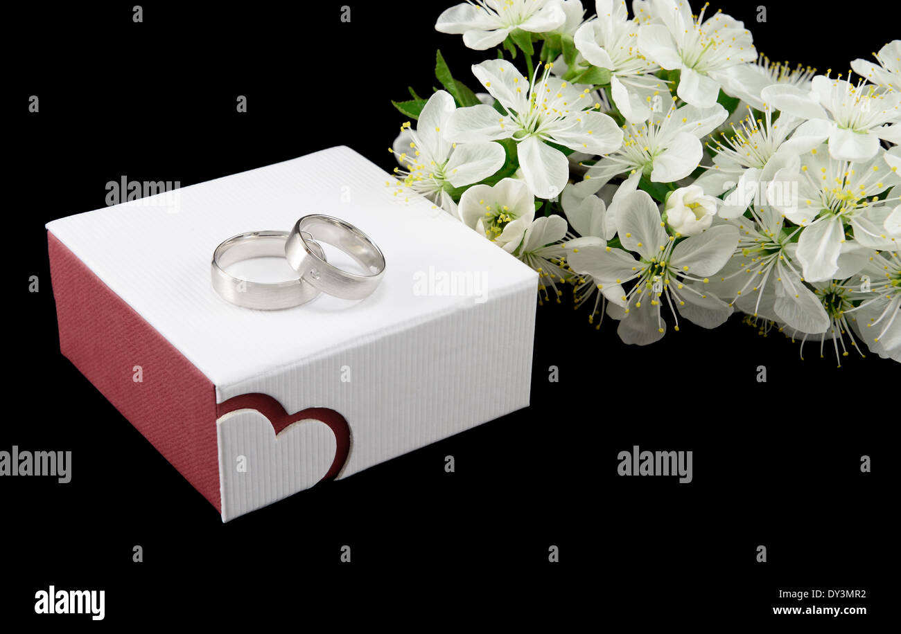 Weißgold Trauringe auf dem Feld mit Blumen isoliert auf schwarz Stockfoto
