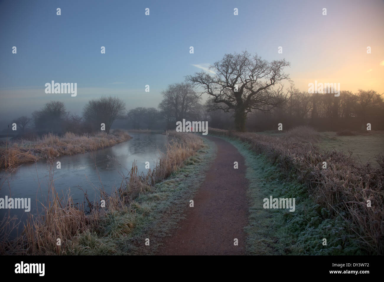 Sonnenaufgang an einem frostigen Januartag frühmorgens am Canal Grande Western, Burlescombe, Devon mit einem einsamen Läufer - Jogger im Morgengrauen Stockfoto