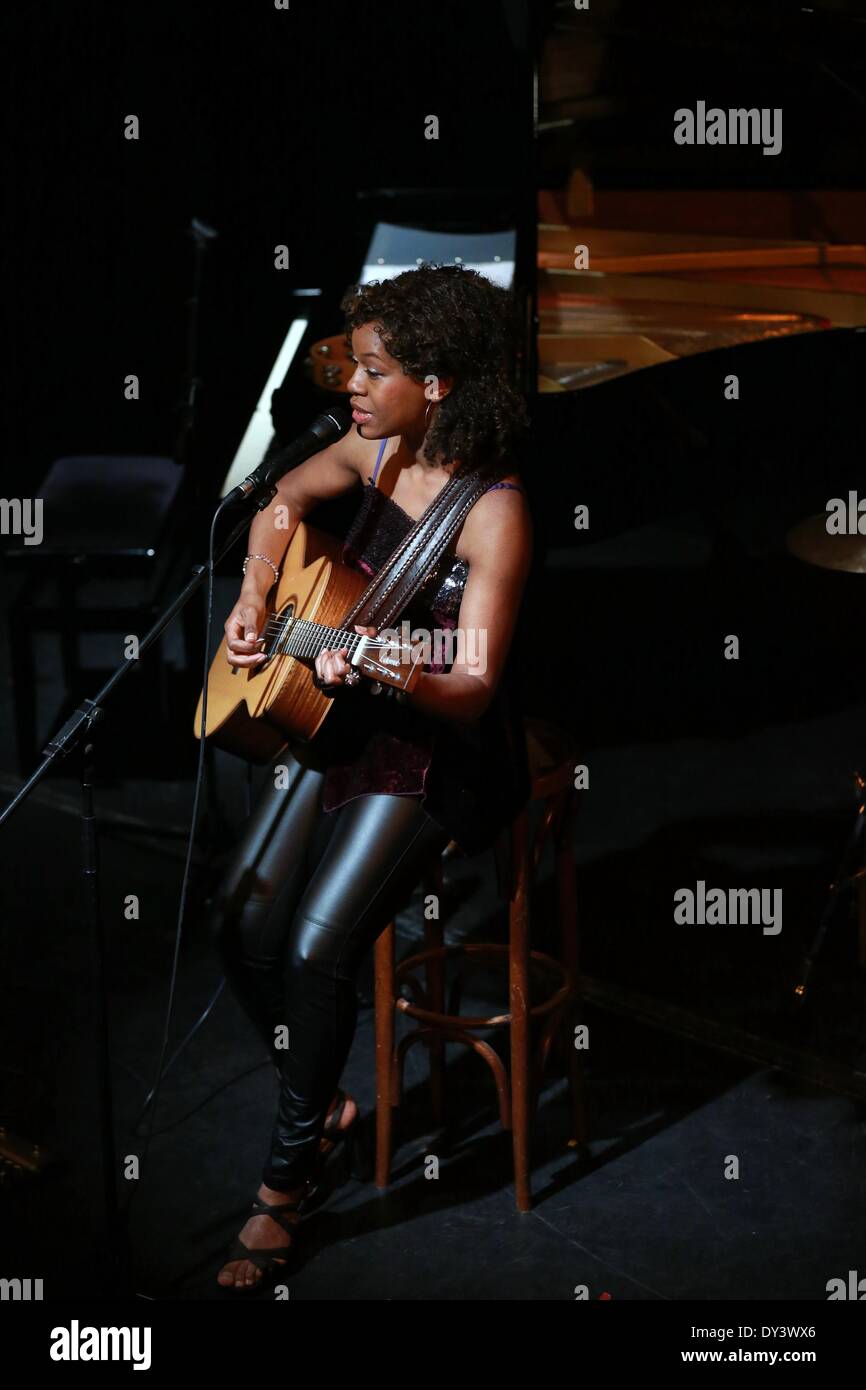 Frankfurt am Main, Deutschland. 5. April 2014. Lisa Doby singt in das internationale Theater in Frankfurt am Main, Deutschland, am 5. April 2014. Lisa Doby präsentiert ein Konzert des Jazz, Blues und Soul am Samstagabend in Frankfurt am Main, Erfassung Publikum nicht nur mit ihrer stimmlichen Fähigkeiten, sondern auch mit ihrer authentischen Bühnenpräsenz und ihre Texte, die von Liebe, Freiheit und Spiritualität erzählen. Bildnachweis: Luo Huanhuan/Xinhua/Alamy Live-Nachrichten Stockfoto