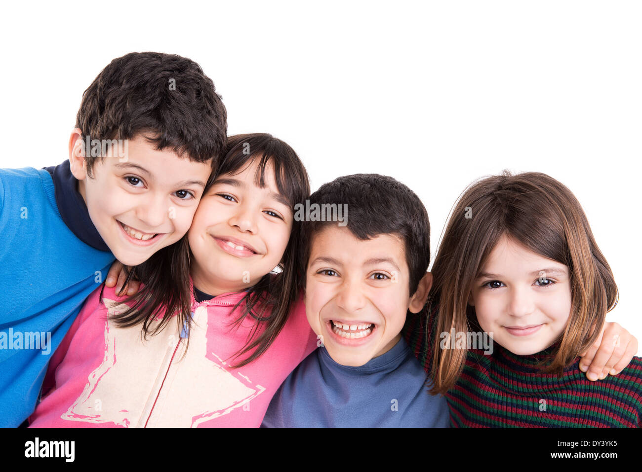 Gruppe von glücklichen Kindern isoliert in weiß Stockfoto