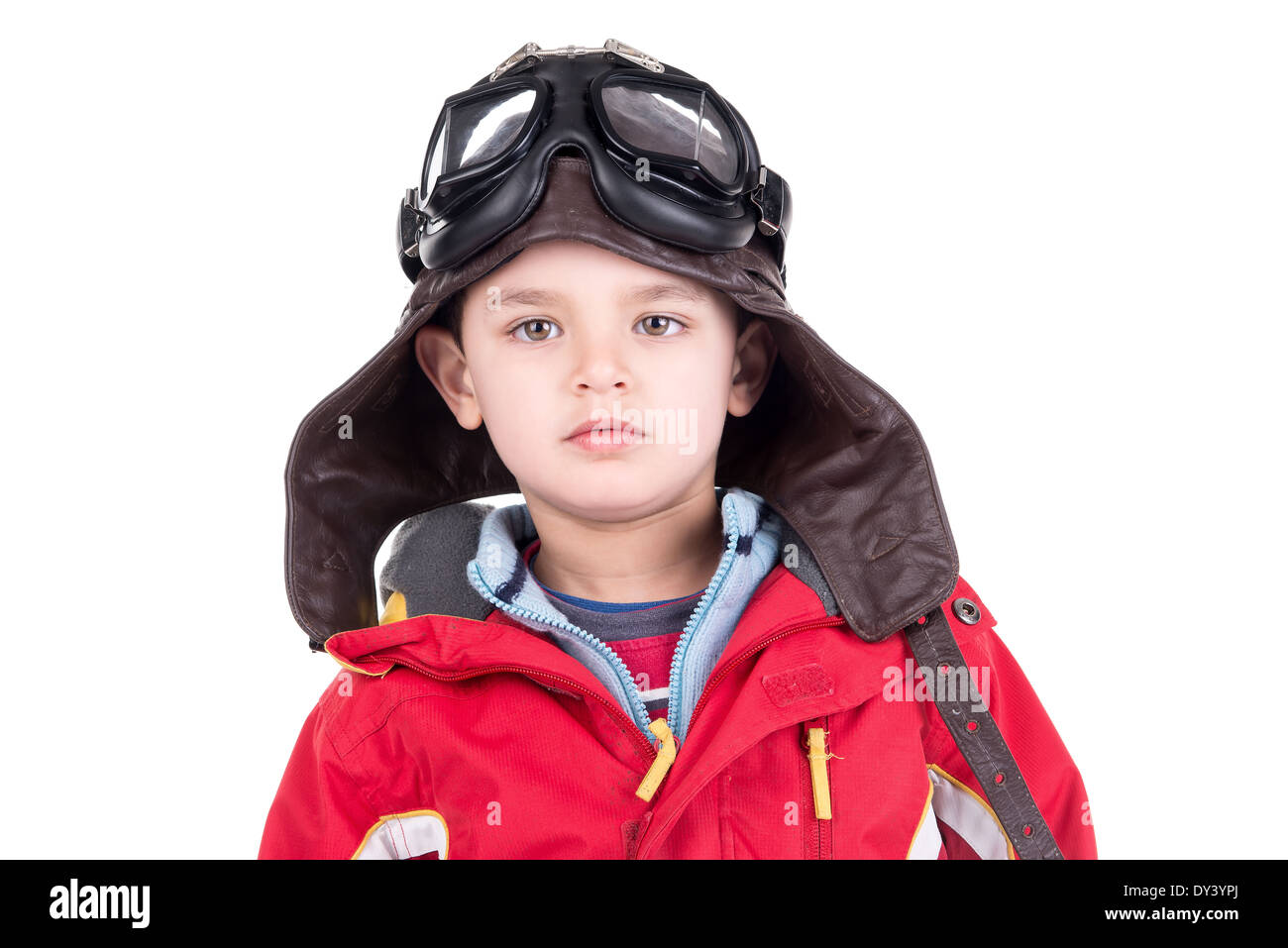 Kleiner Junge Pilot isoliert in weiß Stockfoto