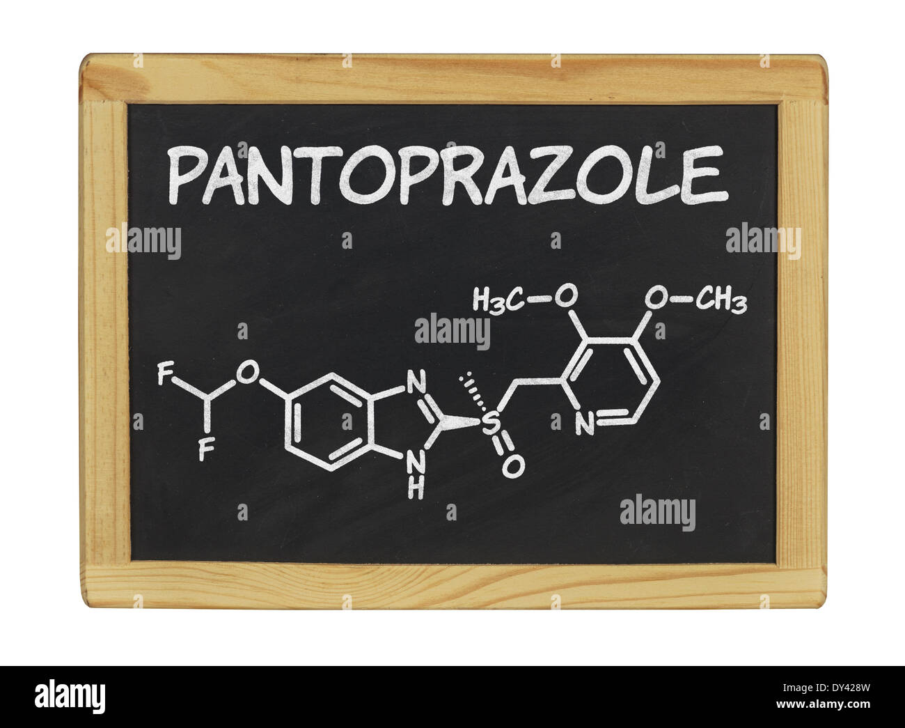 chemische Formel von Pantoprazol auf einer Tafel Stockfoto