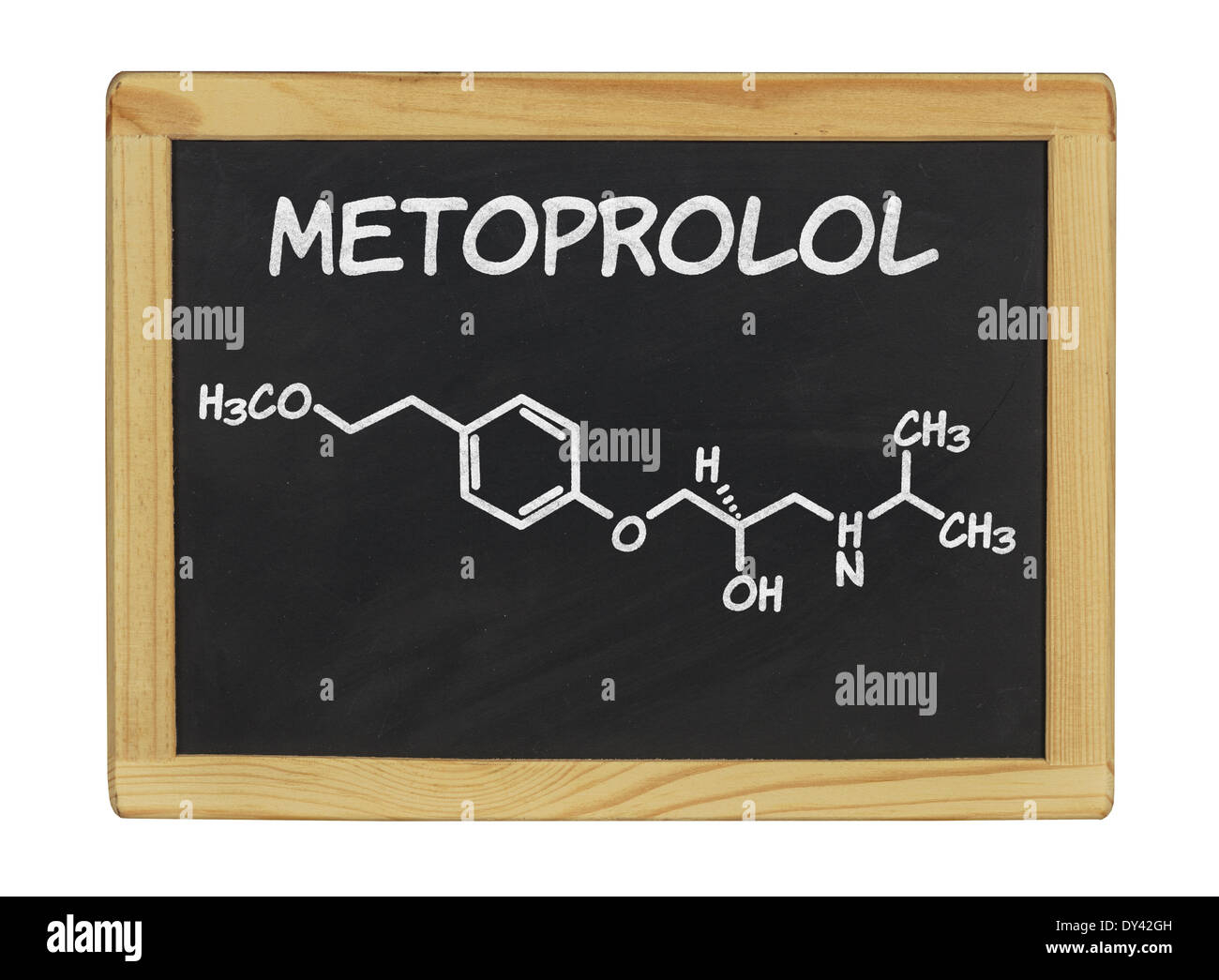 chemische Formel von Metoprolol auf einer Tafel Stockfoto