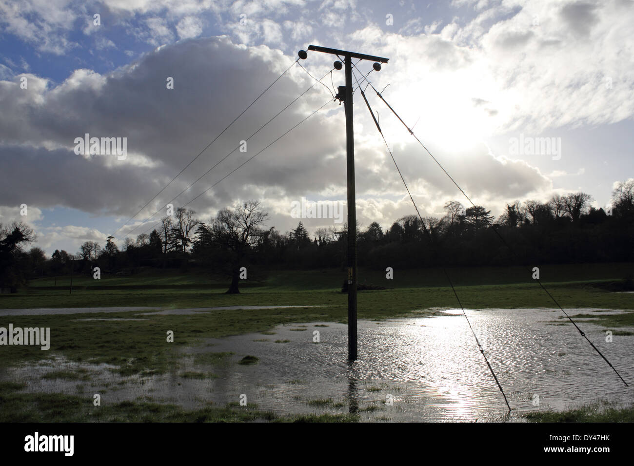 Strommast in Hochwasser in Bauern Feld neben der Fluss Maulwurf an Mickleham Surrey England Stockfoto