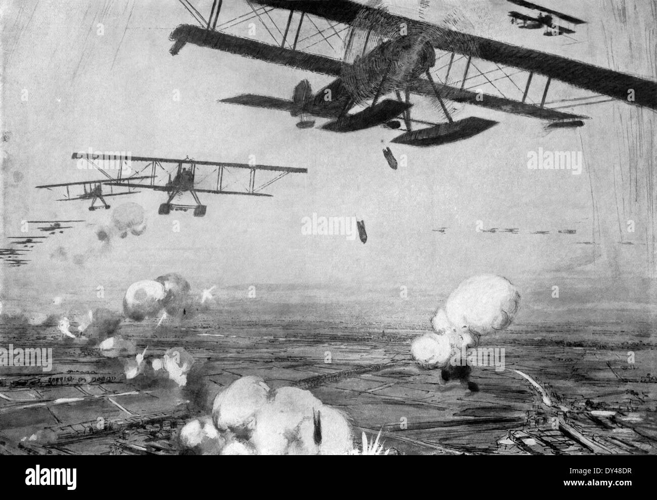 Diese zeitgenössische Abbildung zeigt deutsche Stützpunkte in Belgien im ersten Weltkrieg von alliierten Flugzeugen angegriffen. Stockfoto