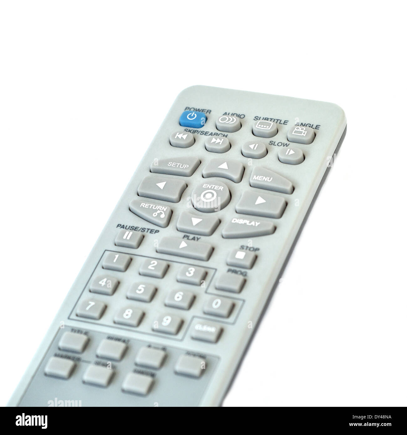 Grau TV-Fernbedienung auf weißem Hintergrund Stockfoto