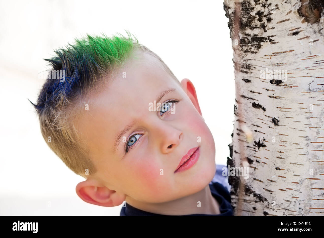 Kleiner Junge mit blauen und grünen spikey Haar Birke Baumstamm umarmen Stockfoto