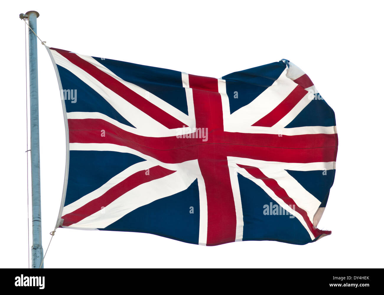 Britische Flagge Union Jack gegen weiße fliegen Stockfoto