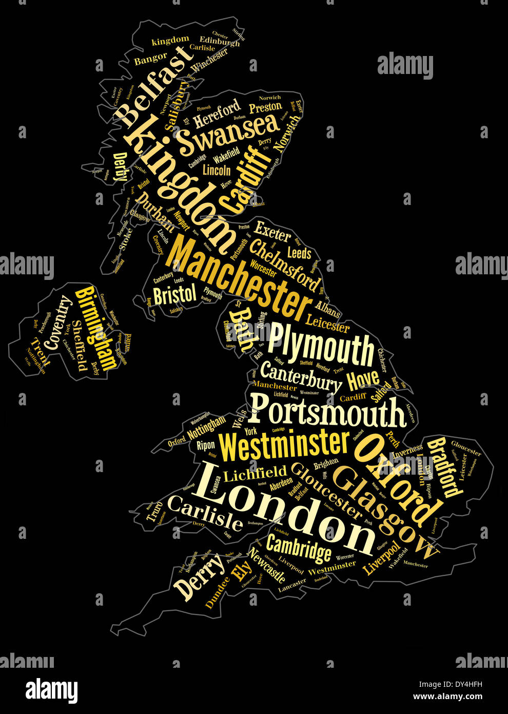 abstrakte Karte des Vereinigten Königreichs Wortwolke Stockfoto