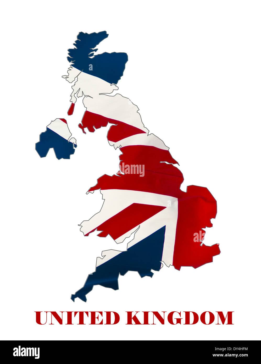 Karte von Großbritannien mit wehende Flagge isoliert auf weiss Stockfoto