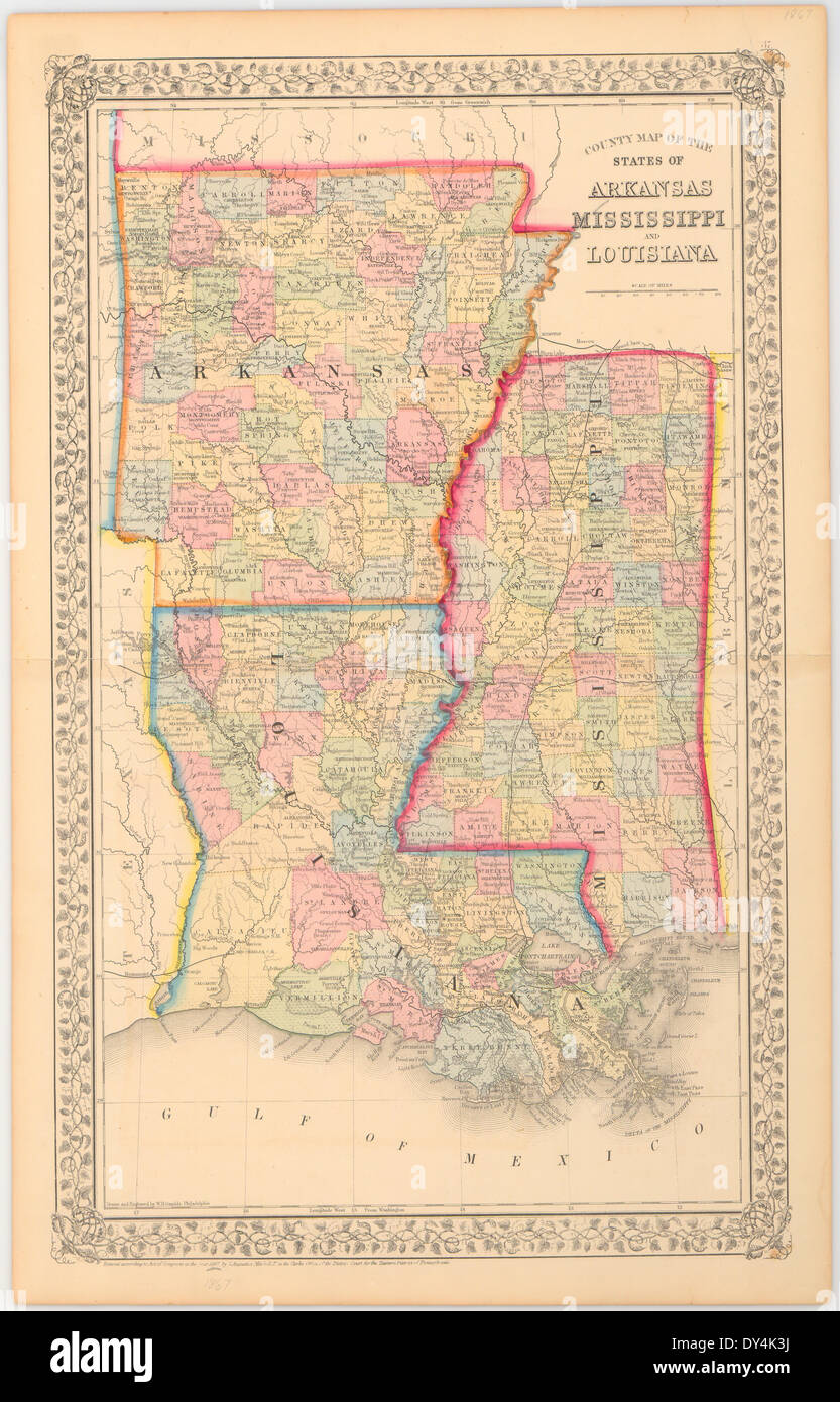 Landkreis Karte von den Bundesstaat Arkansas, Mississippi und Louisiana. Stockfoto