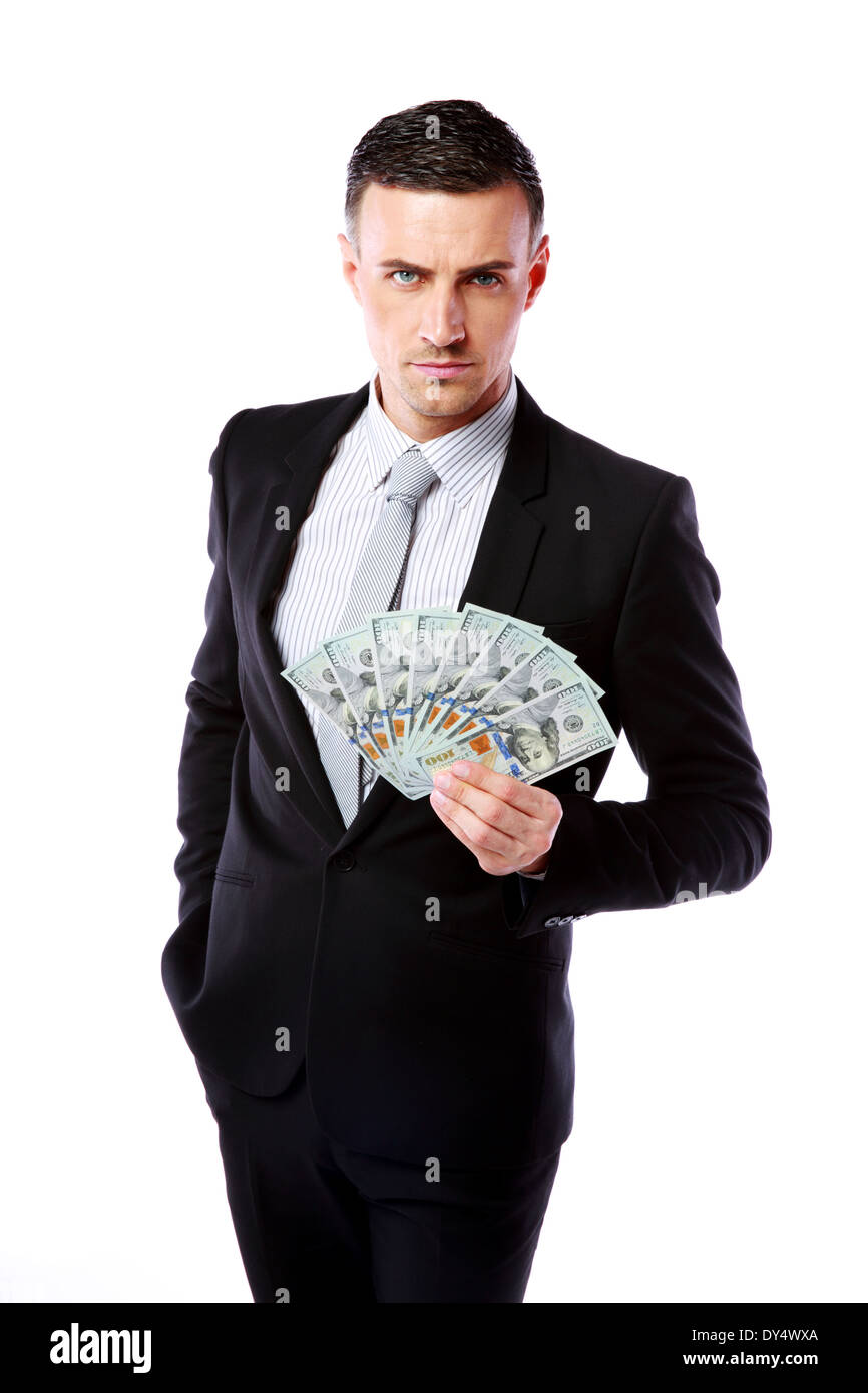 Zuversichtlich Geschäftsmann hält US-Dollar auf einem weißen Hintergrund isoliert Stockfoto