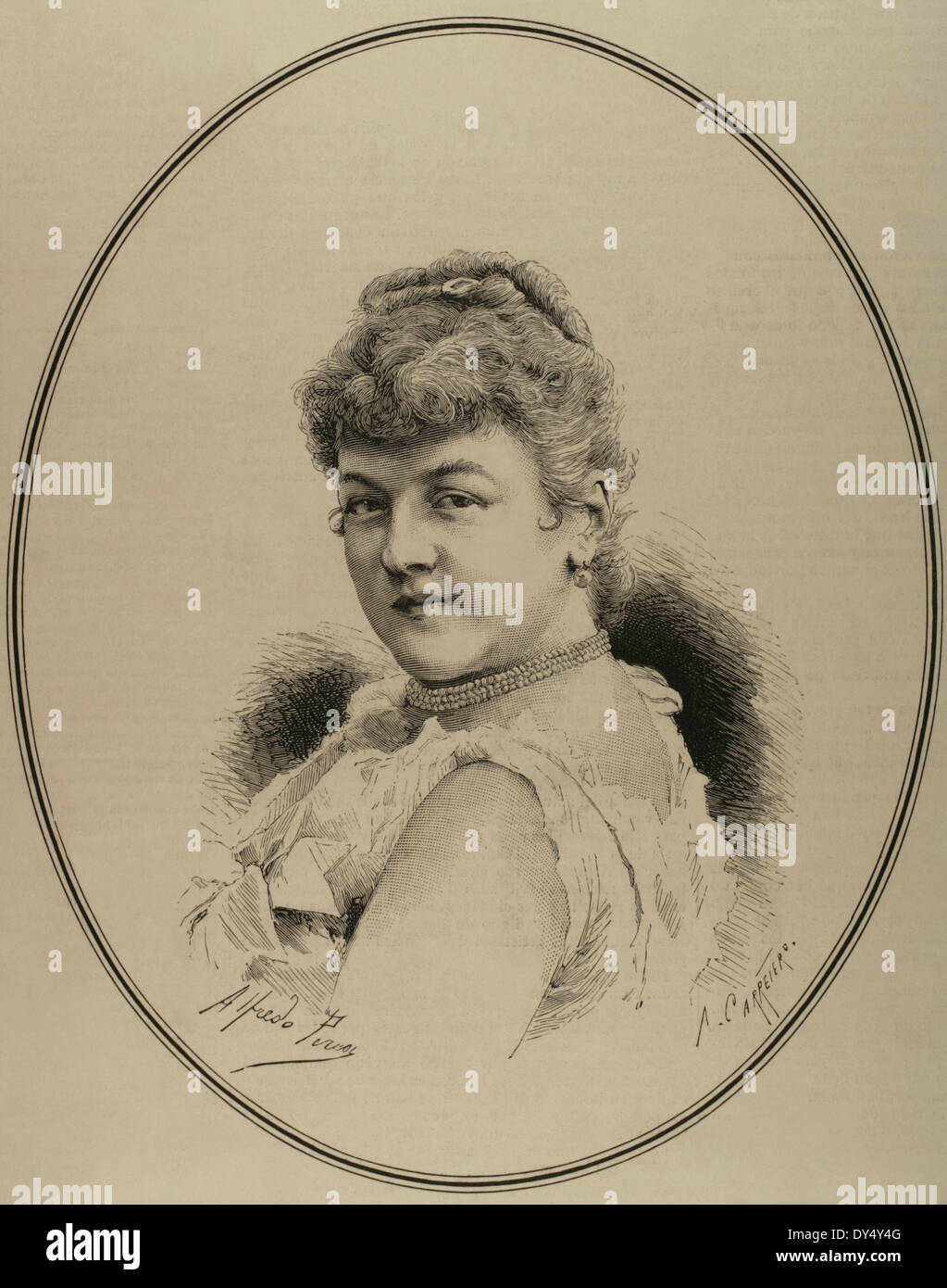Mila Kupfer-Berger (1852-1905). Österreichische Sopranistin. Kupferstich von A. Carretero. Die spanischen und amerikanischen Illustration, 1886. Stockfoto