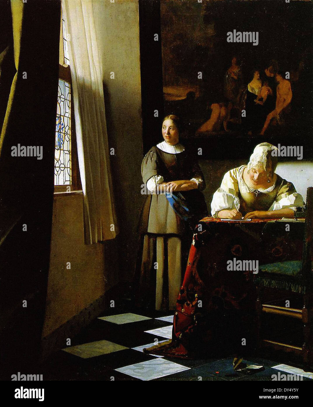Jan Vermeer Dame schreibt einen Brief mit ihrer Magd Stockfoto