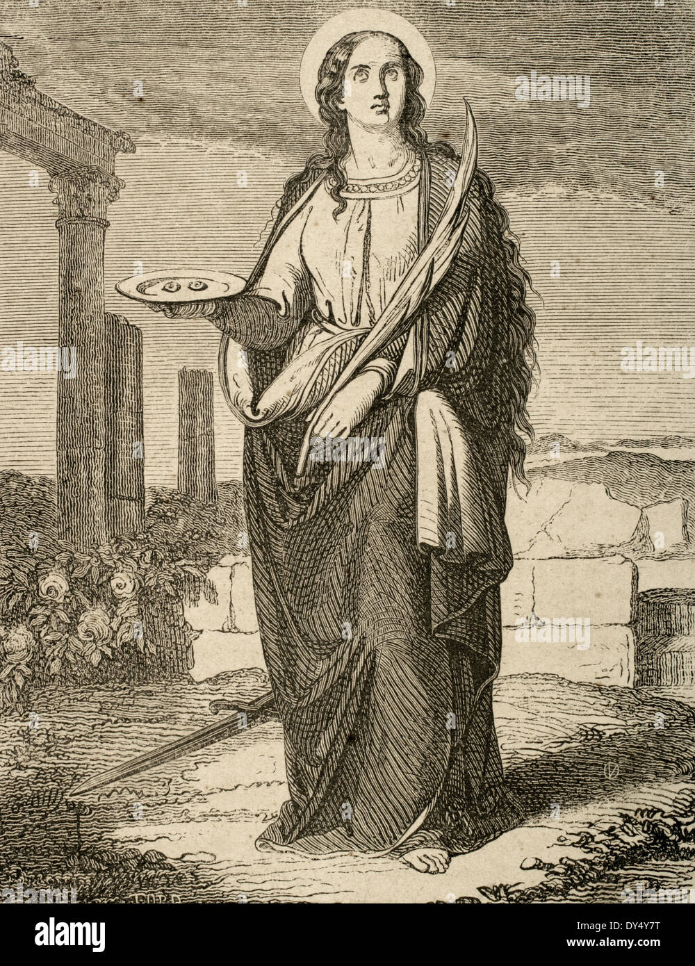 St. Lucia von Syrakus (283-304). Christlicher Märtyrer. Kupferstich von Tord. Christian Jahr, 1853. Stockfoto