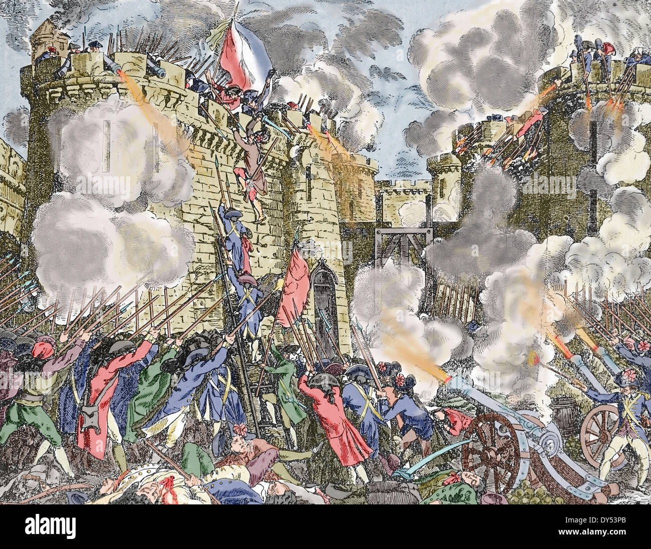 Französische Revolution. Sturm auf die Bastille. Paris. Frankreich. Am Morgen des 14. Juli 1789. Gravur. Spätere Färbung. Stockfoto