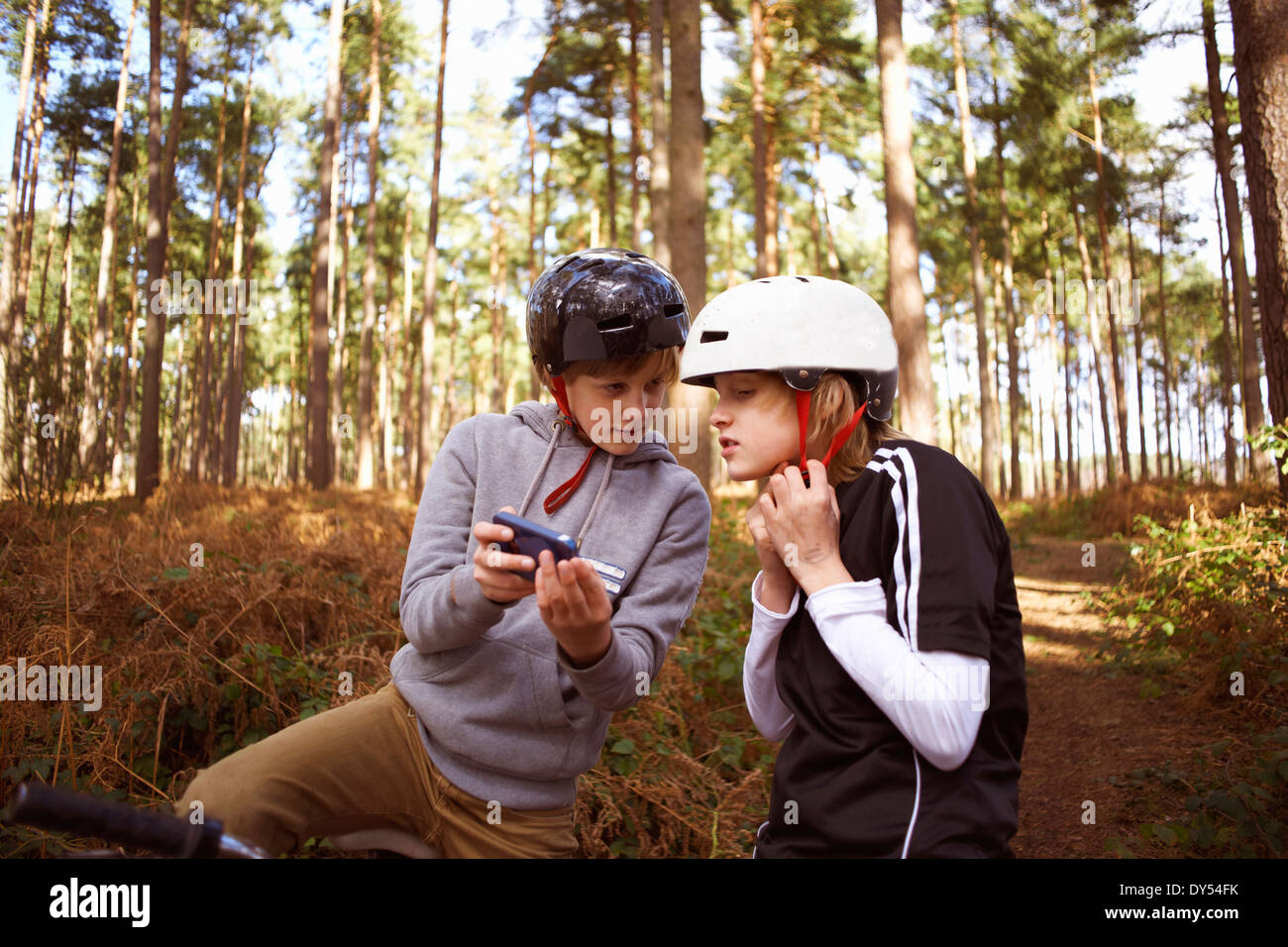 Zwillingsbrüder auf BMX-Bikes im Wald Blick auf smartphone Stockfoto