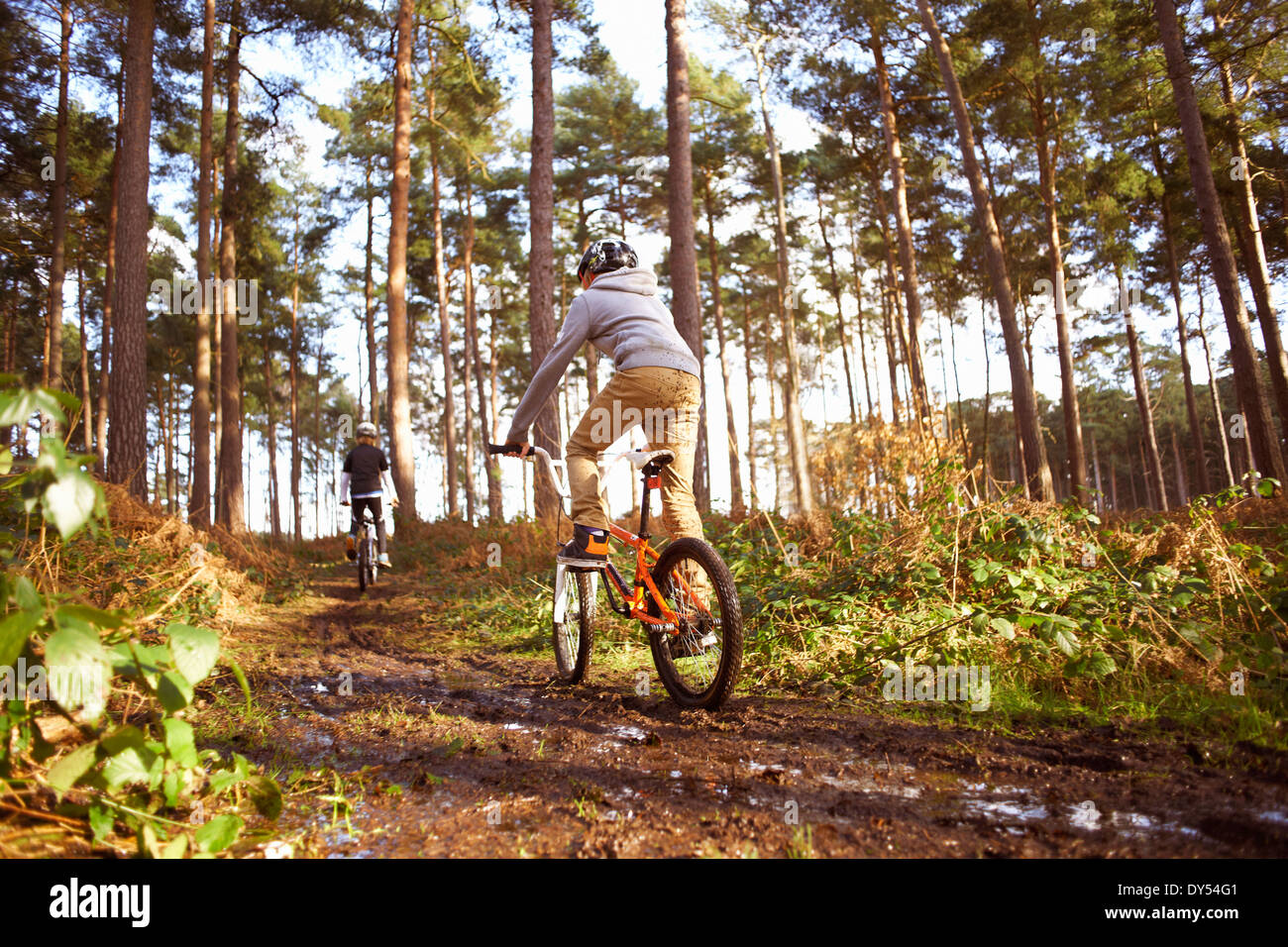 Zwillingsbrüder BMX Rennrad in schlammigen Wald Stockfoto