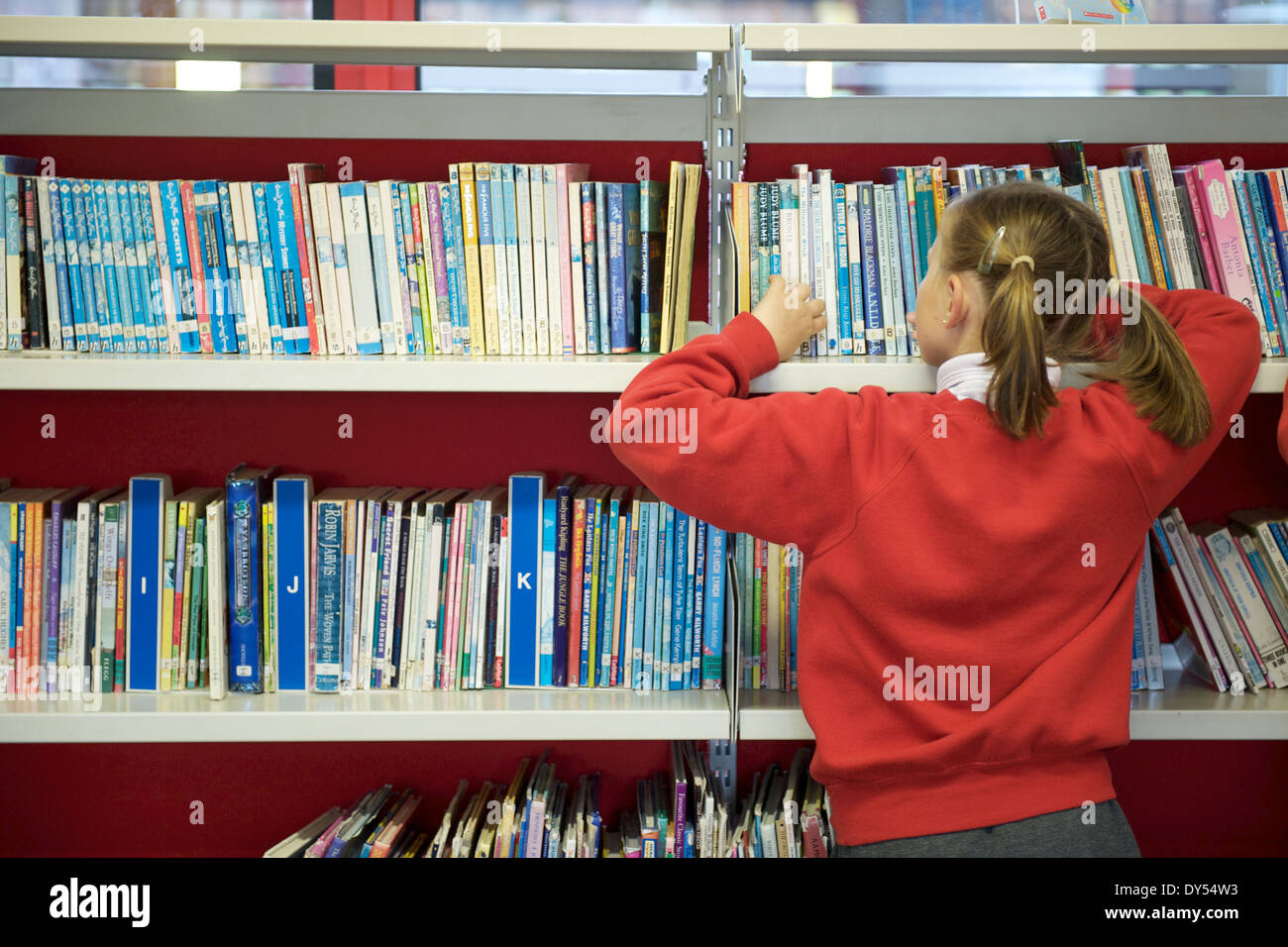 Eine junge britische UK Schulmädchen mit Zöpfen, Surfen in der Schulbibliothek Stockfoto