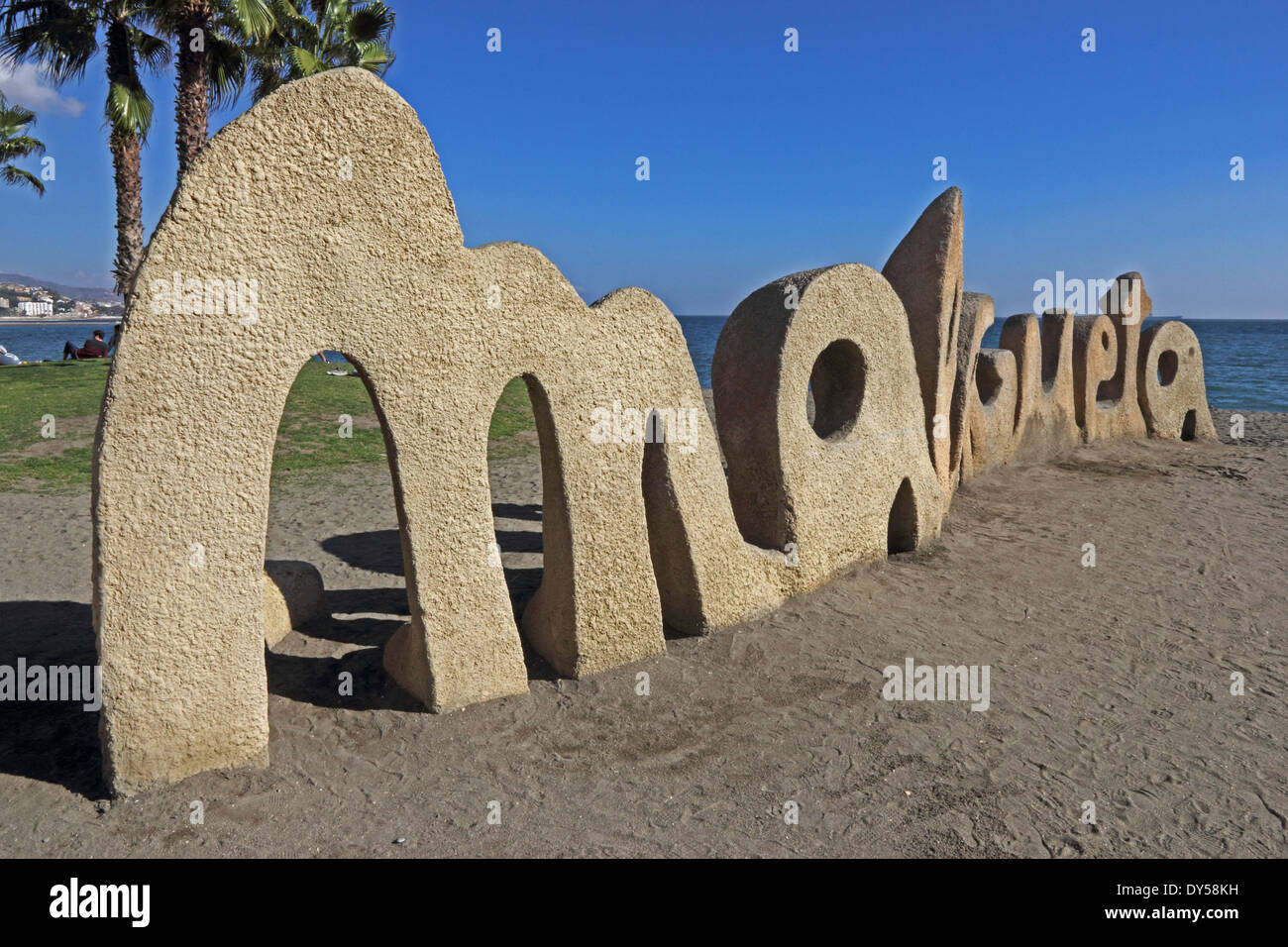 Malagueta Zeichen am Strand in Malaga, Costa Del Sol, Spanien Stockfoto