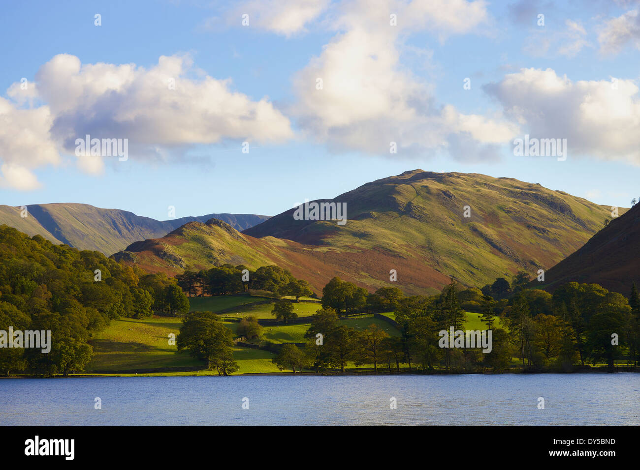 See-Szene mit Feldern, Bäumen und Hügeln. Beda Kopf, Sandwick Bay, Lake District, England. Stockfoto