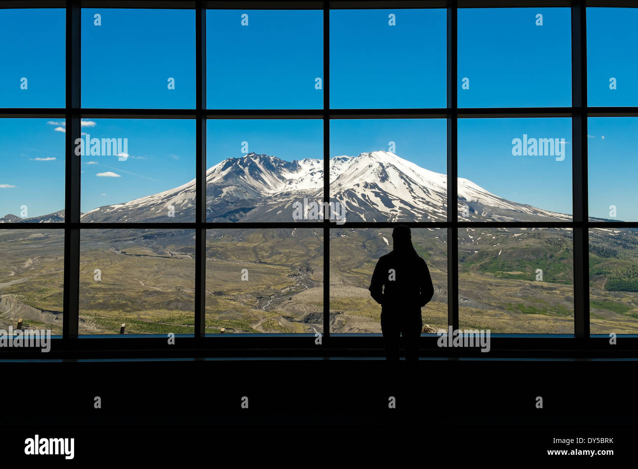 Frau stehend in der Silhouette vor einem Panoramafenster am Mount St. Helens National Monument Stockfoto