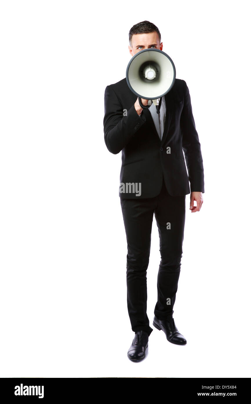 Geschäftsmann mit Megaphon isoliert auf weißem Hintergrund Stockfoto