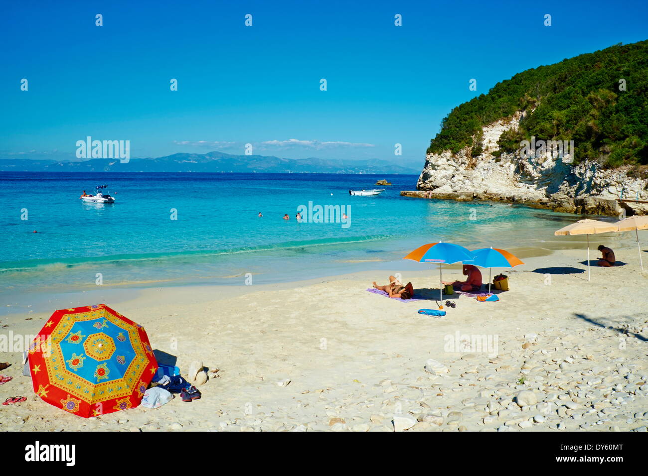 Vrika Strand, Antipaxos (Antipaxi), Ionische Inseln, griechische Inseln, Griechenland, Europa Stockfoto