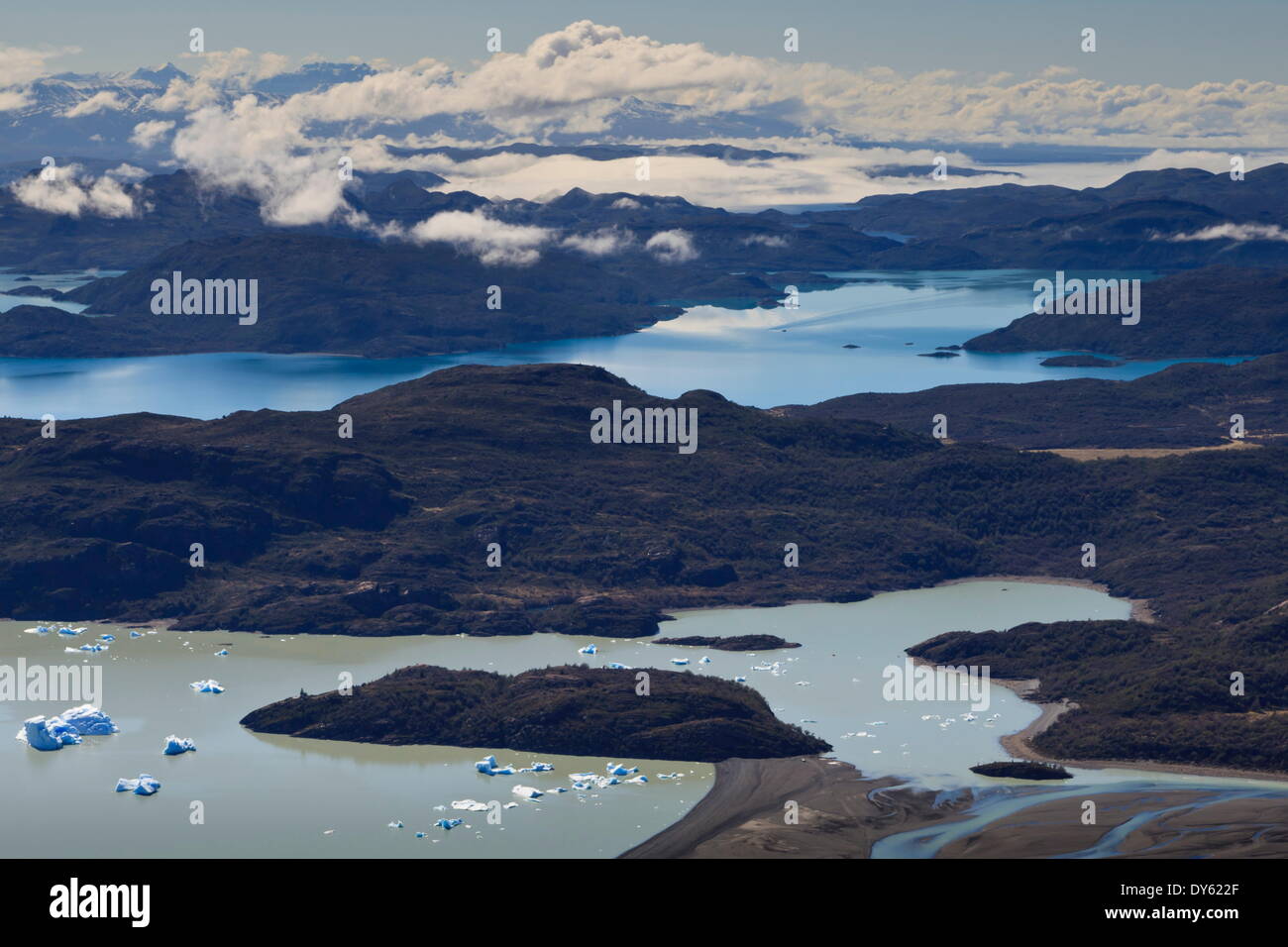 Blick auf Seen grau, Nordenskjold und Sarmiento, von Ferrier Vista Point, Nationalpark Torres del Paine, Patagonien, Chile Stockfoto