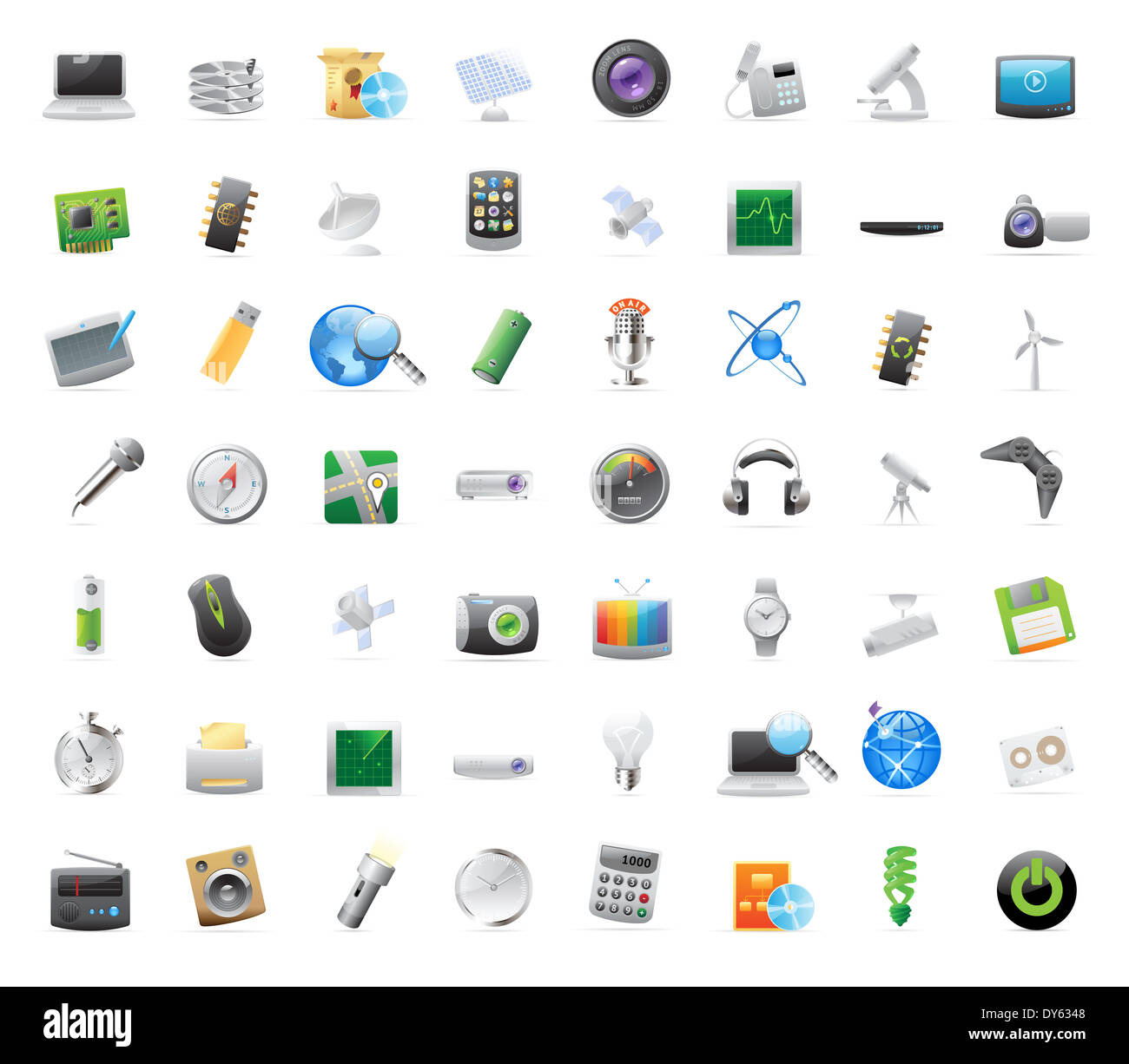 56 detaillierte Symbole für Technologien und Geräte. Stockfoto