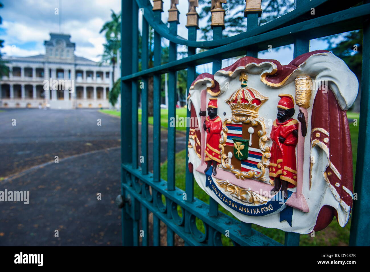 Königliche Zeichen vor den Iolani Palace, Honolulu, Oahu, Hawaii, Vereinigte Staaten von Amerika, Pazifik Stockfoto