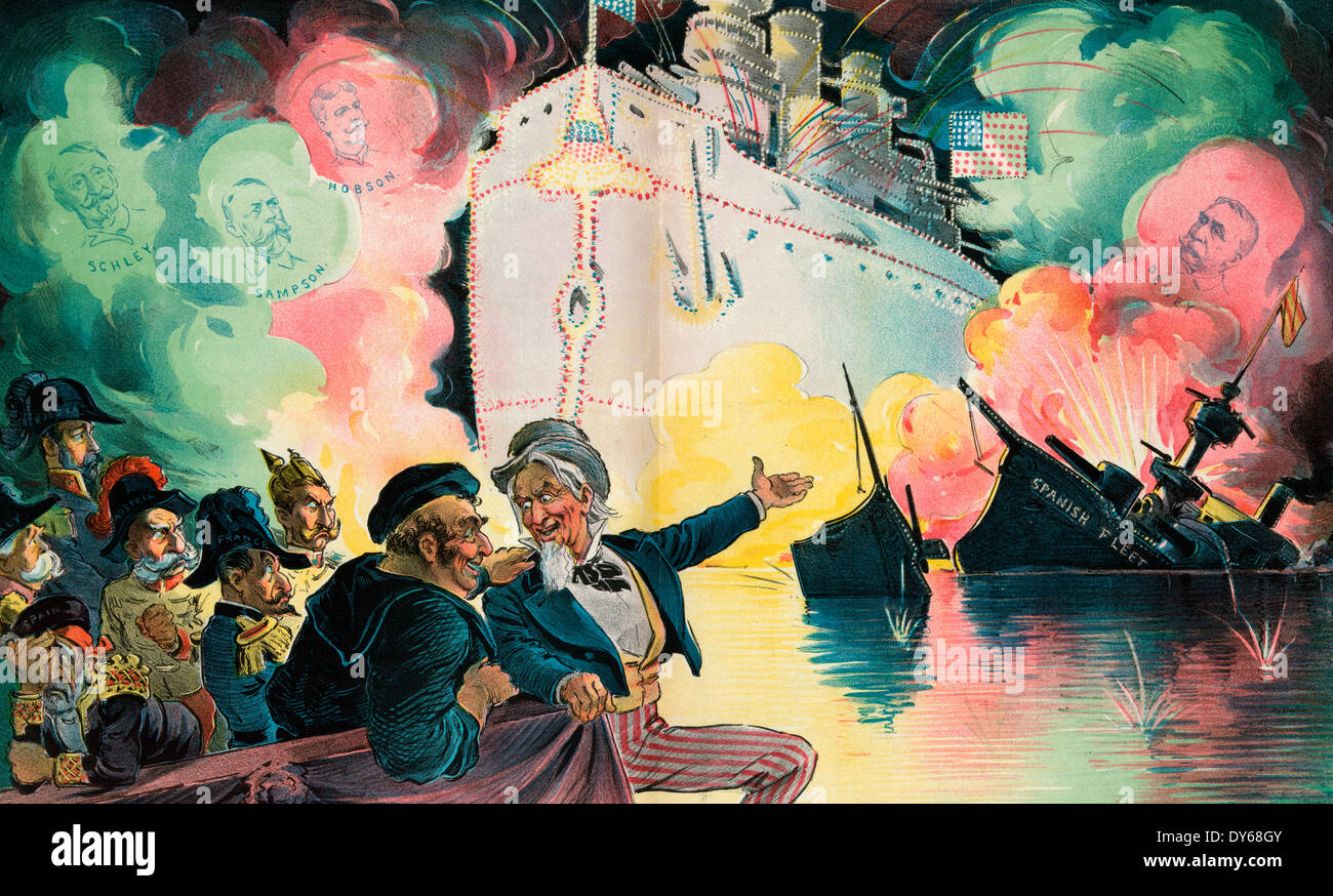 4. Juli 1898 - "der Triumph der amerikanischen Kampfschiff" feiert Print zeigt eine freudiger Uncle Sam sitzen mit John Bull, der ein Matrose vertreten England ist, und sechs Figuren repräsentieren "Spanien", "Italien" (Umberto ich), "Österreich" (Franz Joseph ich), "Frankreich", Deutschland (William II) und "Russland" (Nicholas II), gerade ein Feuerwerk, das die Umrisse der großen amerikanischen Schlachtschiff zeigt, die die Ruinen der "Spanischen Flotte" beleuchtet , und in den Wolken des Rauches zeigt Porträts der "Schley, Sampson, Hobson, [und] Dewey". Stockfoto