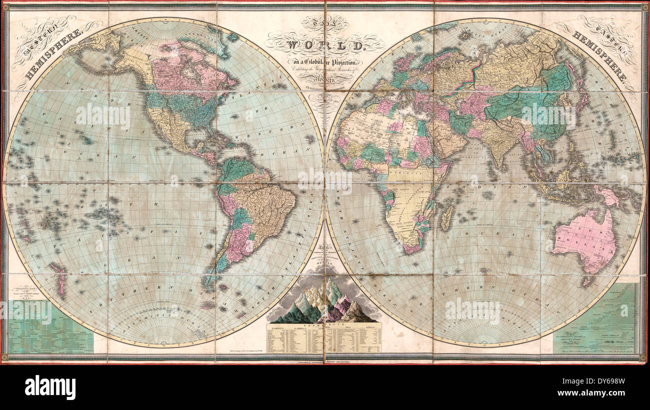 Die Welt auf eine kugelförmige Projektion, ausstellen der geographischen Forschungen der modernen Reisenden & Navigatoren 1826 Stockfoto