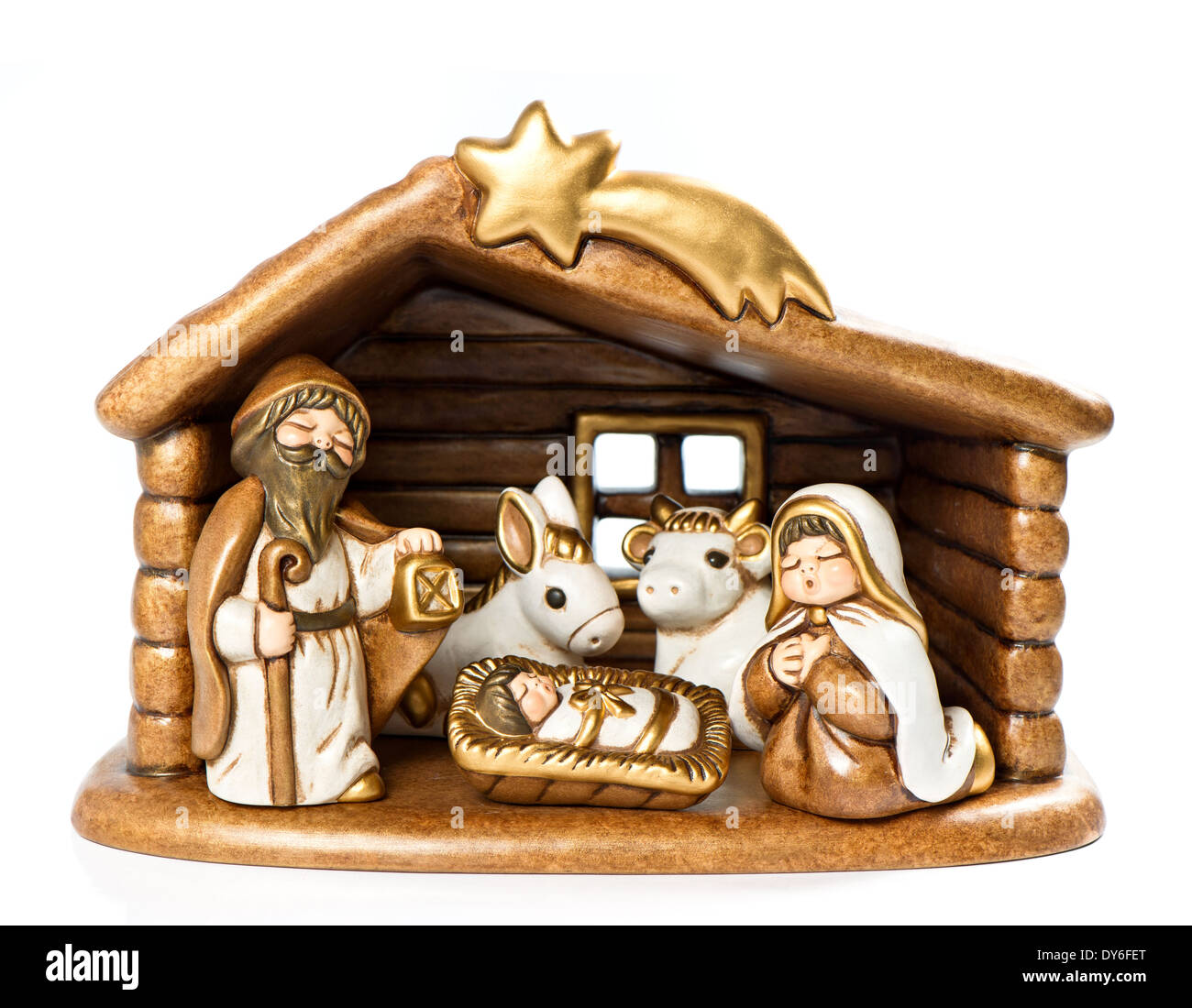 Jesus Christkind, Maria und Josef. Weihnachtskrippe Stockfoto