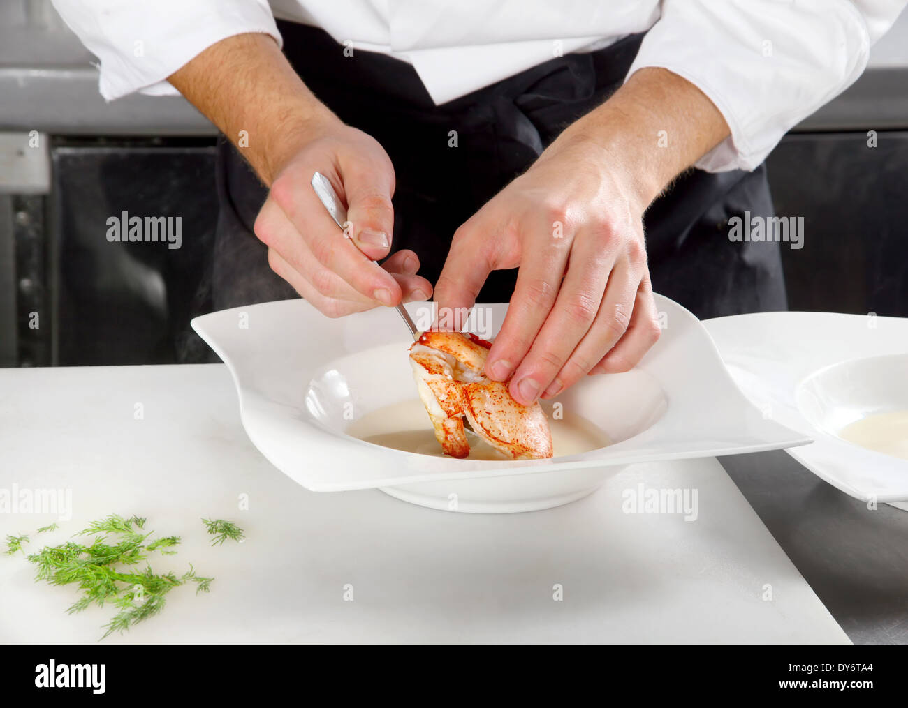 Küchenchef vorbereitet Hummerfleisch in Platte Stockfoto