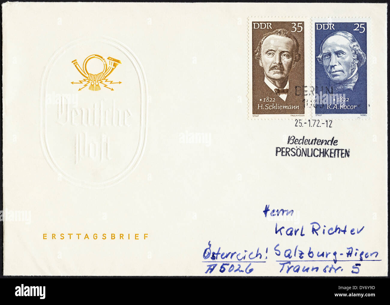 Gedenkmünze ersten Tag decken DDR DDR Briefmarken mit berühmten ostdeutschen Poststempel Berlin 25. Januar 1972 Stockfoto