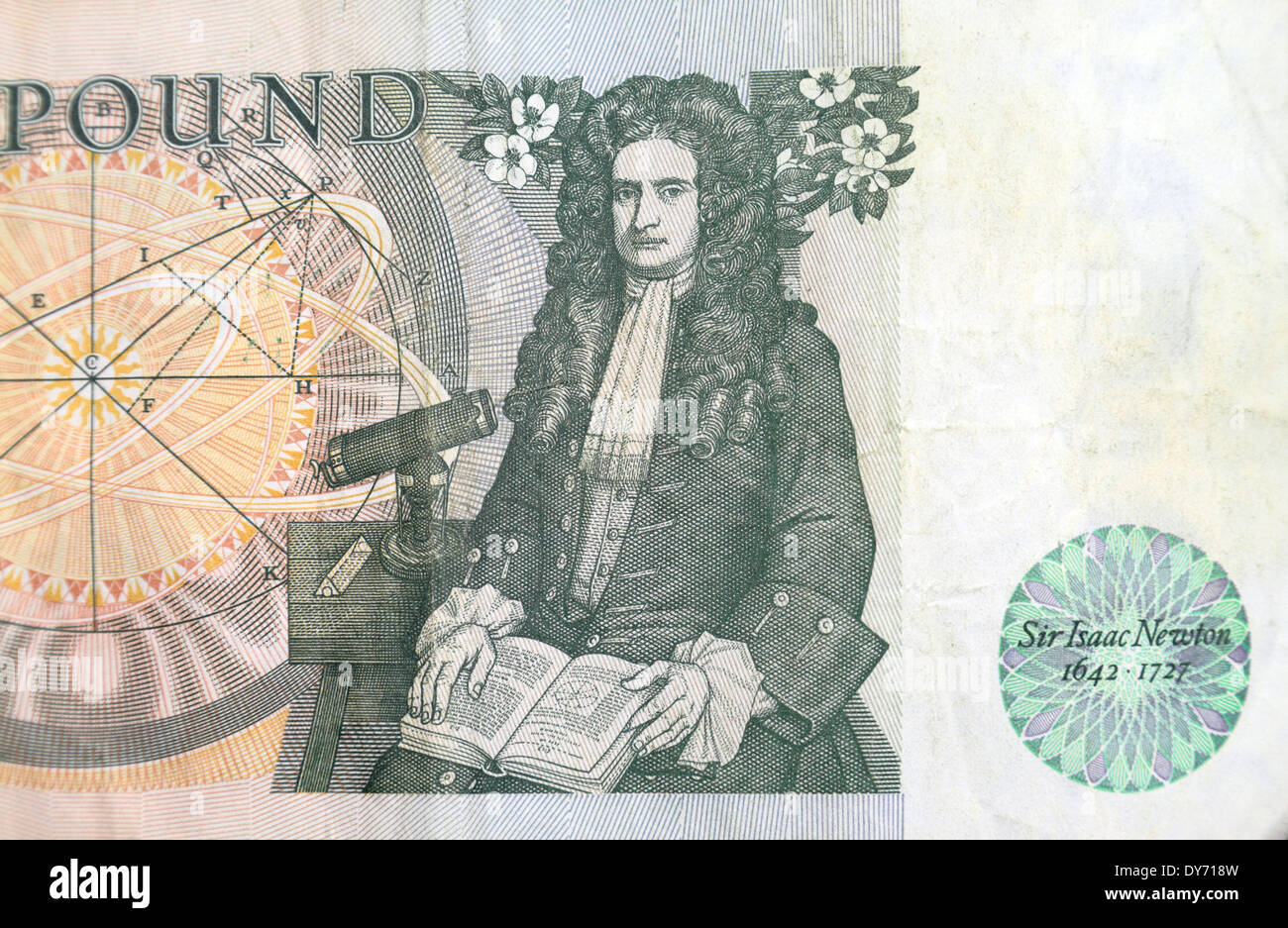 Rückseite eines gebrauchten britischen £1 (ein Pfund) Note zeigt Sir Isaac Newton. £1 ausgestellt zwischen dem 9. Februar 1978 und dem 11. März 1988. Stockfoto