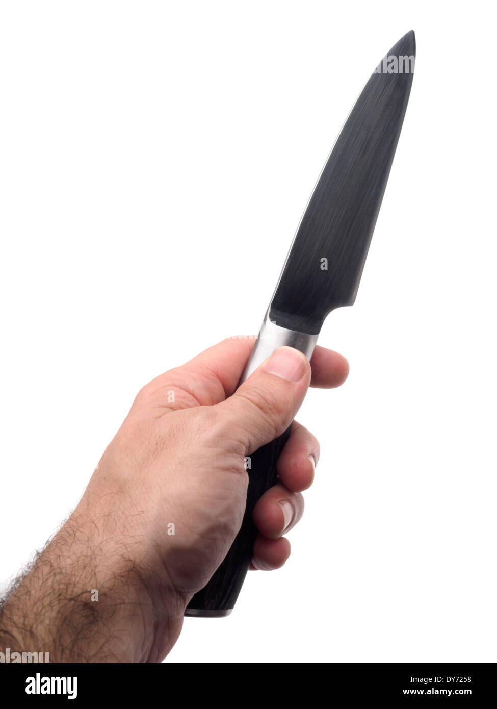 Hand, die Küchenmesser isoliert auf weißem Hintergrund Stockfoto