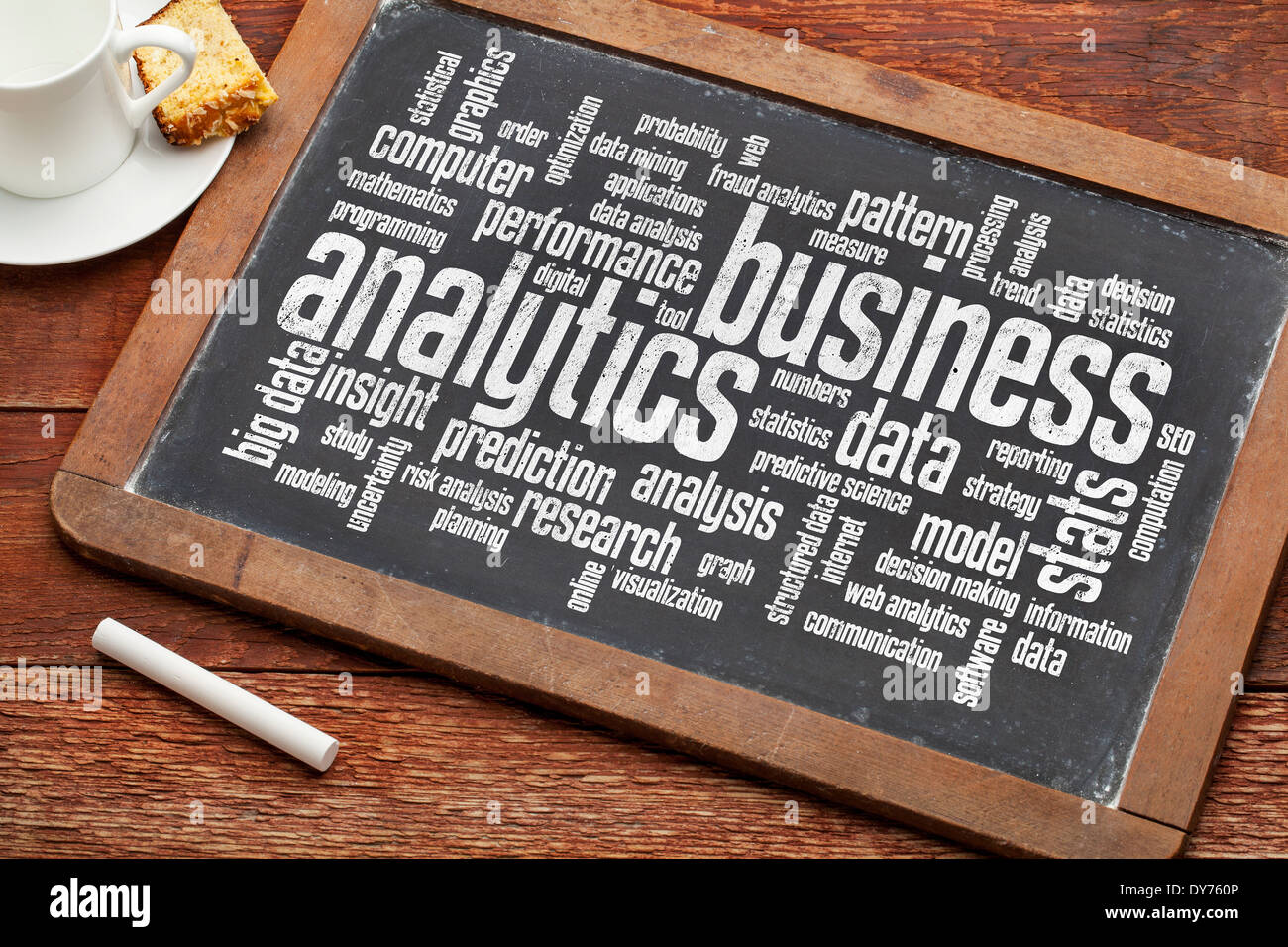 Business Analytics Wortwolke auf einer Vintage Schiefer Tafel Stockfoto