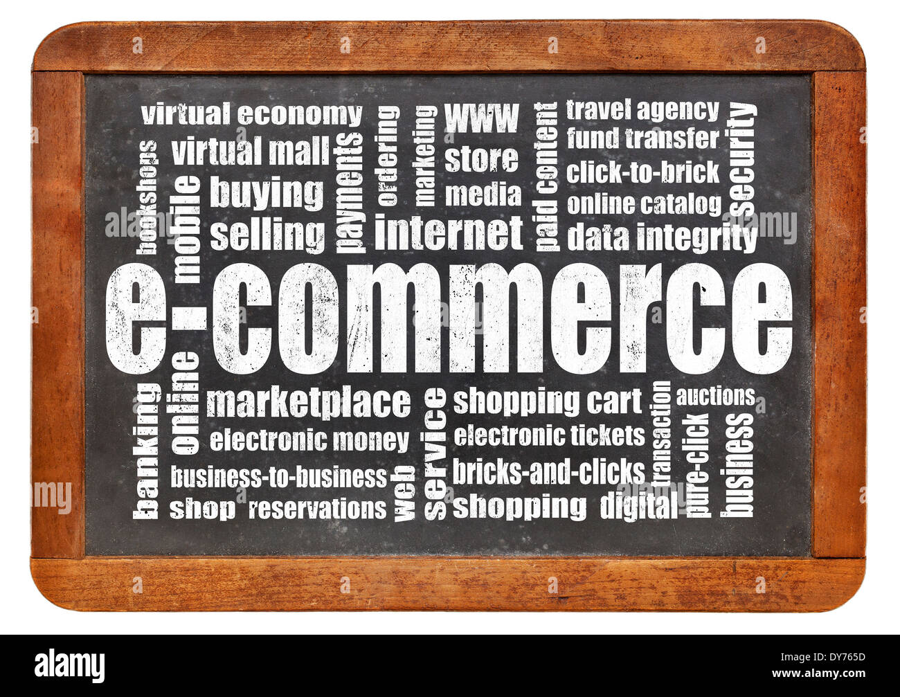 e-Commerce Wortwolke auf einer Vintage Tafel isoliert auf weiss Stockfoto
