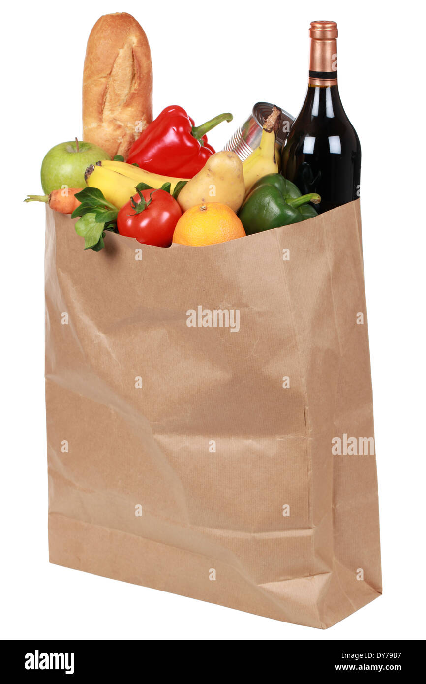 Lebensmittel in eine Papiertüte, einschließlich Getränke, Obst und Gemüse Stockfoto