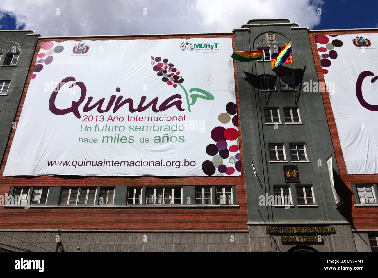 Banner Werbung für 2013 als internationales Jahr der Quinua auf ländliche Entwicklung und Land Ministerium für Bau, La Paz, Bolivien Stockfoto